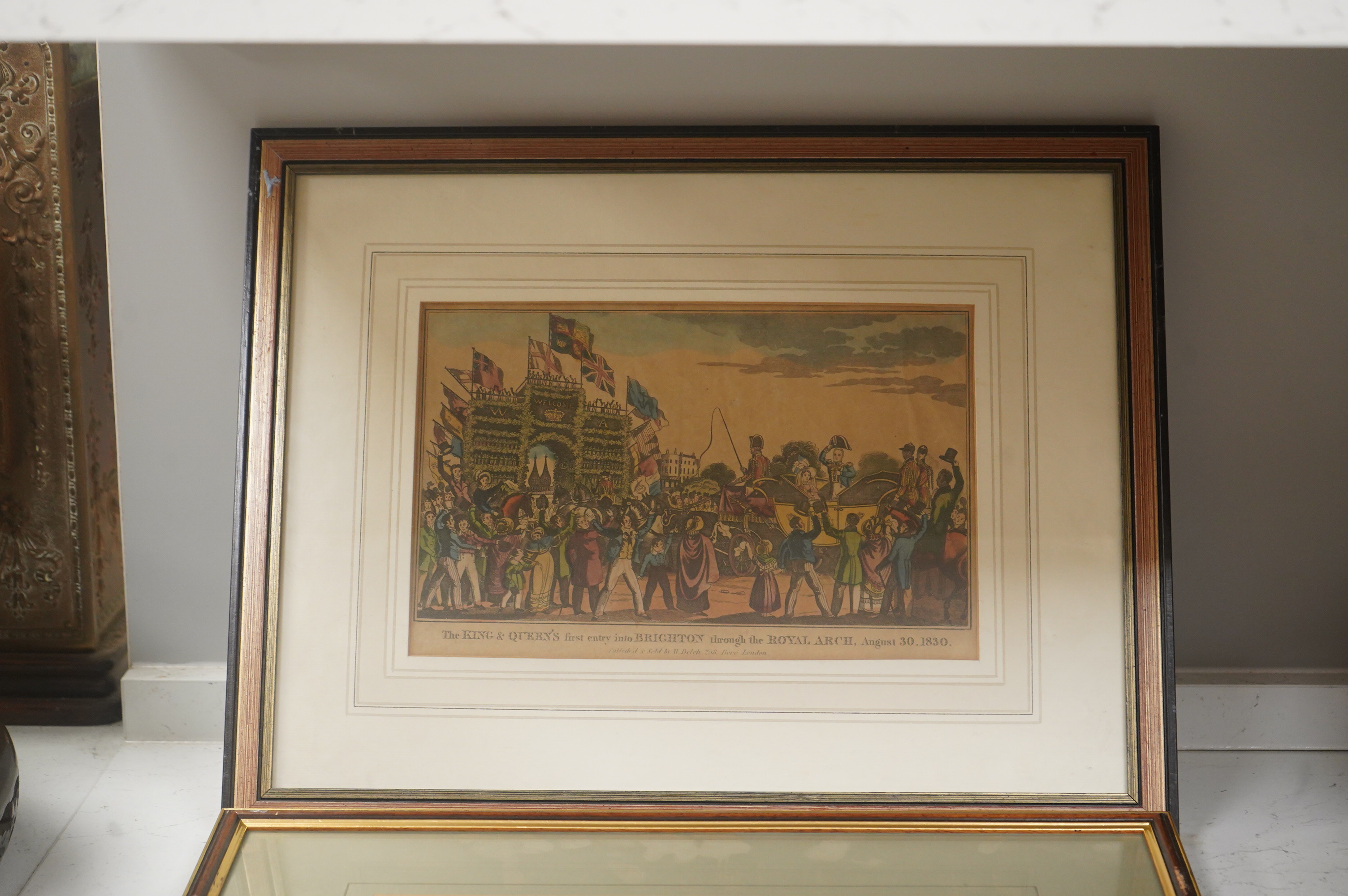 Three Brighton interest prints, 19th century, to include: The King and Queen's first entry into Brighton through the Royal Arch, 1830, published and sold by W Belch at Brighton, largest 27 x 39cm